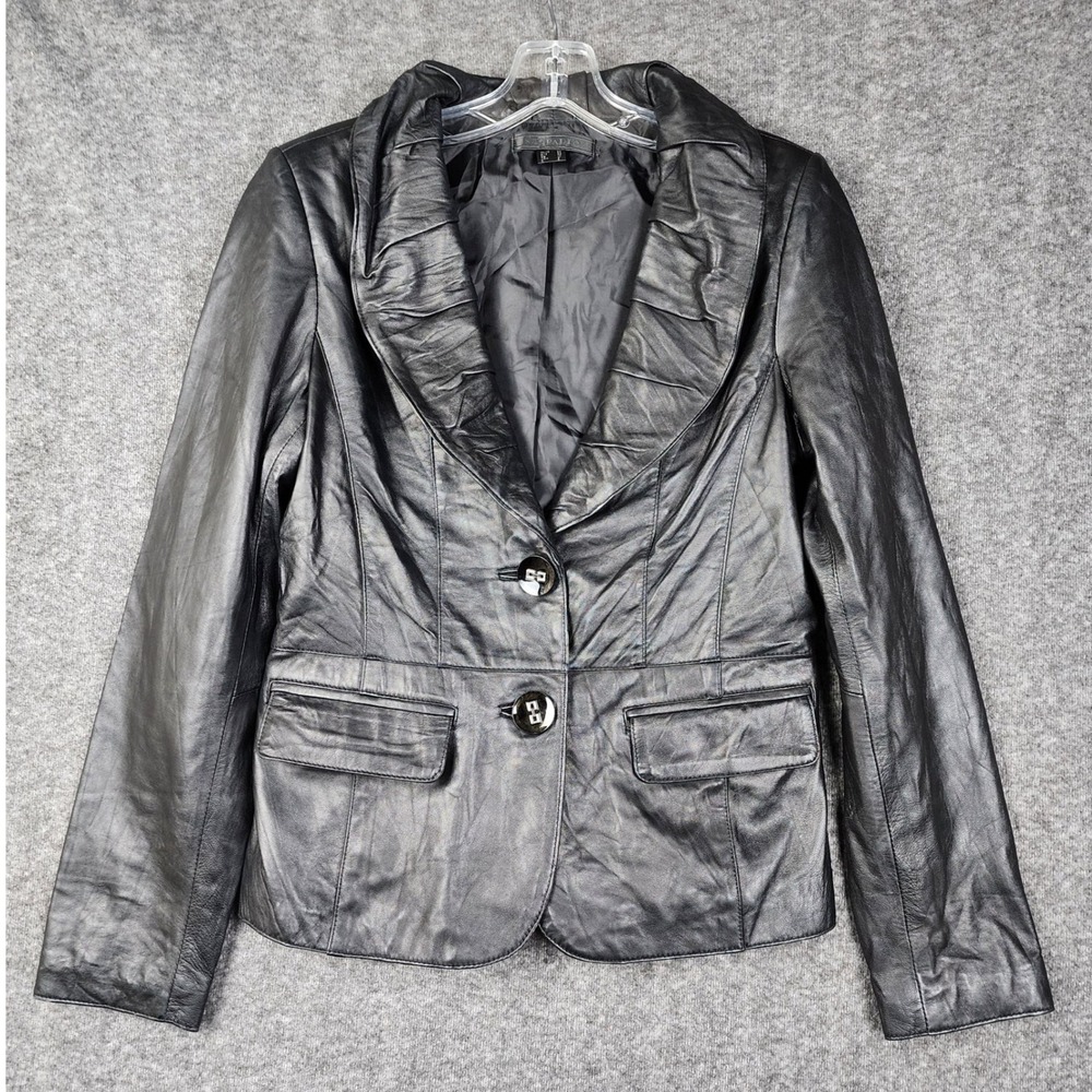 Sao‎ Paulo Blazer Women 4 Black Lambskin Leather Ruched Shawl Collar Jacket